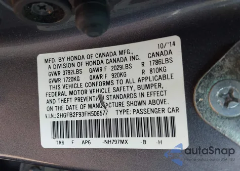 2015 Honda Civic Ex-L z USA, uszkodzony, nr VIN 2HGFB2F93FH506577